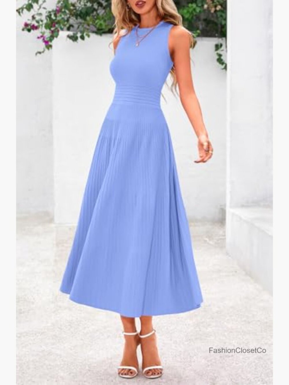 Sleeveless A-Line Pleated Midi Dress - Crew Neck Casual Cocktail Work Dress - Picture 5 of 7
